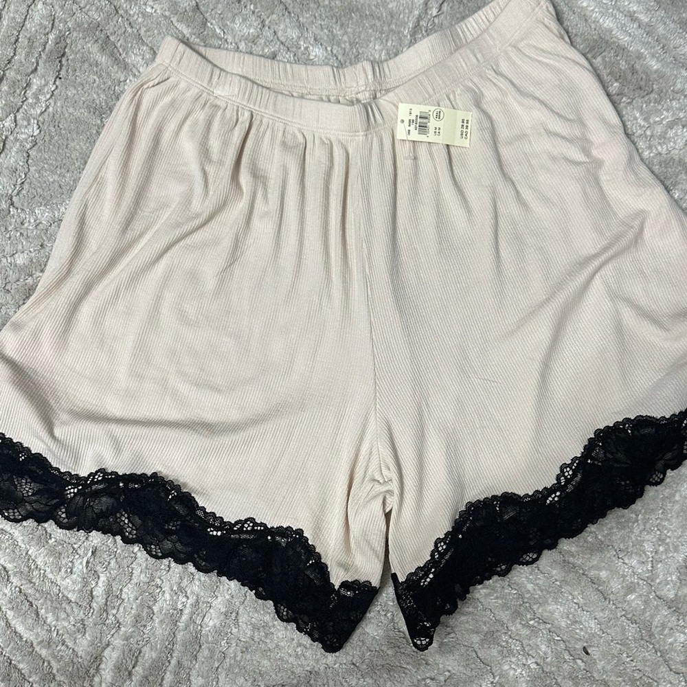 Aerie Cream Sleep Shorts with Black Lace Trim